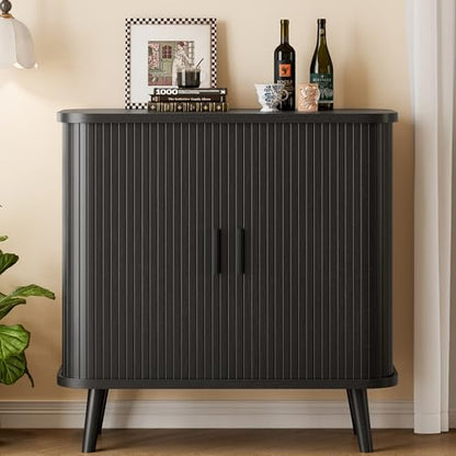 Sideboard Buffet Cabinet with Sliding Door, 31.5" Wide Fluted Modern Accent Storage Cabinet with Adjustable Shelves, Wood Coffee Bar Buffet Console Table for Kitchen, Dining Room, Living Room, Black - color: Black
