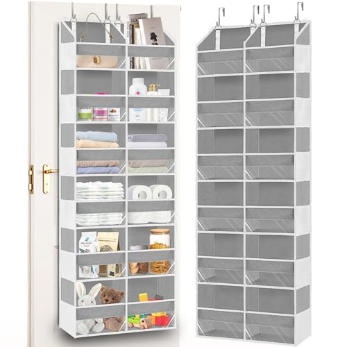 Over The Door Organizer 6 Tiers, Extra Large Behind Door Storage of 12 Compartments, 80 lbs Weight Capacity Hanging Storage Organizer with Clear Window Kids Toys,Shoes,Diapers,Room Storage,Light Grey - color: Light Gray, size: 6 Tiers
