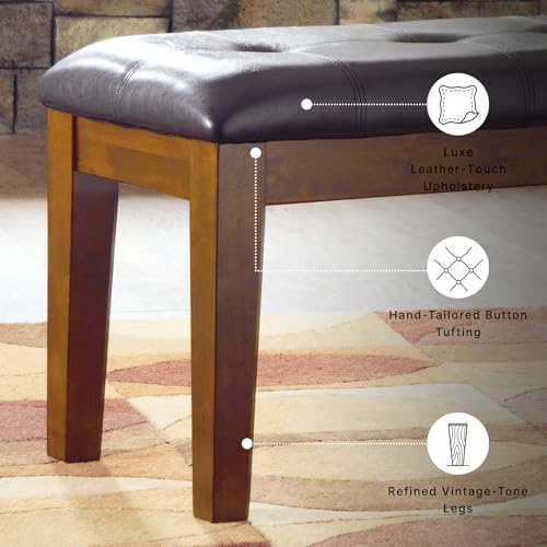 Signature Design by Ashley Ralene Tufted Upholstered Dining Room Bench, Medium Brown | Plush wipe-clean faux leather cushion, Frame of veneers, wood and engineered wood, Versatile 2-person entryway seating - color: Medium Brown, style: Ralene Dining Bench