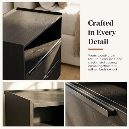 26 Inch Tall Black Oak Nightstand with Charging Station, 2 Drawers | 24 inch wide, 16 inch deep design with raised-edge tray top, open shelf, hidden storage, and a streamlined look - color: Black Oak