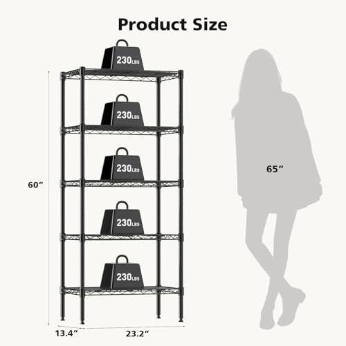 NEWBULIG 5-Tier Metal Wire Storage Shelves, Adjustable Heavy Duty Steel Shelving Unit, Freestanding Storage Rack Organizer for Kitchen, Pantry, Garage, Bathroom, 23.2" W x 13.4" D x 59.8" H, Black - size: 23.2" W x 13.4" D x 59.8" H