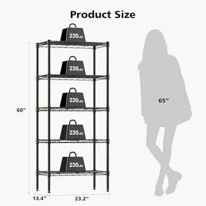 NEWBULIG 5-Tier Metal Wire Storage Shelves, Adjustable Heavy Duty Steel Shelving Unit, Freestanding Storage Rack Organizer for Kitchen, Pantry, Garage, Bathroom, 23.2" W x 13.4" D x 59.8" H, Black - size: 23.2" W x 13.4" D x 59.8" H