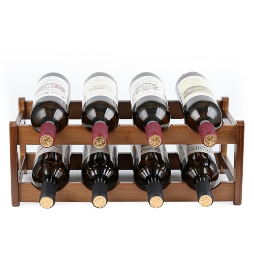Bamboo Wine Rack, Walnut Finish 2-Tier Freestanding Storage Shelf, Holds 8 Bottles, Space Saving Countertop Cabinet Organizer for Basement, Kitchen, Pantry, Dining Room, Bar - color: 8 Bottles Walnut