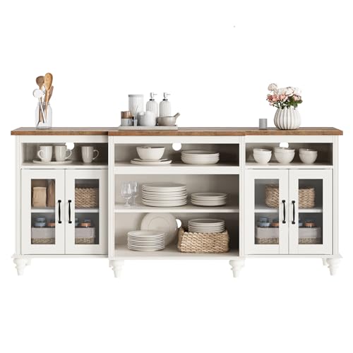 WAMAPT Buffet Cabinet with 4 Glass Doors, Large Coffee Bar Tables Wood Kitchen Storage Cabinets with 9 Storages, Modern Farmhouse Sideboard Credenza, Antique White, 70 inch - color: White