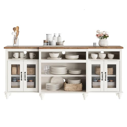 WAMAPT Buffet Cabinet with 4 Glass Doors, Large Coffee Bar Tables Wood Kitchen Storage Cabinets with 9 Storages, Modern Farmhouse Sideboard Credenza, Antique White, 70 inch - color: White