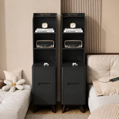Tall Nightstand Set of 2 w/Charging Station, Narrow Nightstand w/Bookshelf | 47" Modern Side Table with 2 Drawers, Adjustable 4 Open Shelves, Wooden End Table Bedside Table for Bedroom (Black) - color: Black, size: Tall (2 drawer)