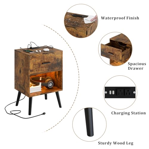 Aienvey Nightstand with Charging Station and LED Lights, Rustic Brown | Small Side Table, Bedside Table with Drawer, Modern Night Stand with Light/Power Strip, End Table for Bedroom, Living Room - color: Rustic Brown