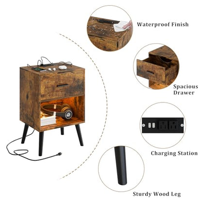 Aienvey Nightstand with Charging Station and LED Lights, Rustic Brown | Small Side Table, Bedside Table with Drawer, Modern Night Stand with Light/Power Strip, End Table for Bedroom, Living Room - color: Rustic Brown