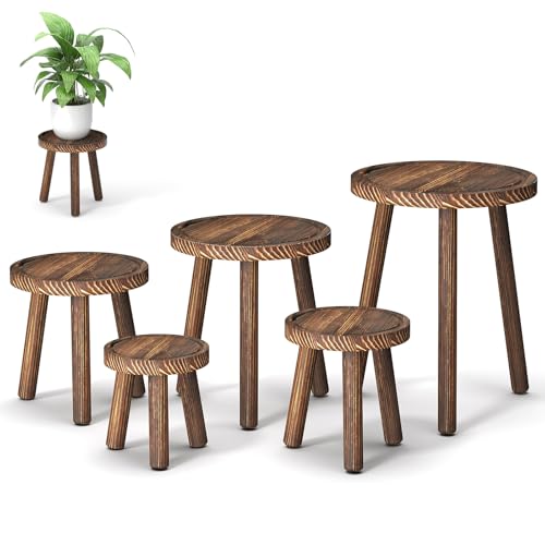 5-Pack Wood Plant Stands Indoor, Single Plant Stand for 6-12 Inch Pots, Mid-Century Modern Plant Stool, Tall Plant Stand for Large Plants for Living Room, Balcony, Office (Dark Brown) - color: heavy burnt color-5Pack