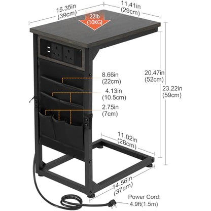 AMHANCIBLE C Shaped End Table with Charging Station, Couch Side Tables that Slide Under Sofa with Storage Bag, Slim TV Tray with USB Ports for Living Room, Bedroom, Dark Grey HET04CDG - color: Dark Grey