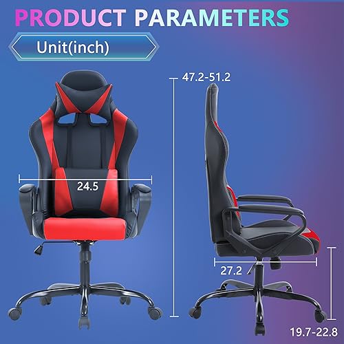 PayLessHere Ergonomic Racing Desk Chair Gaming Chair Computer Chair with Armrests 360° Swivel & Caster Pu Desk Task Chair Executive Headrest Lumbar Support for Back Pain Women Men and Adults (Red) - color: Red