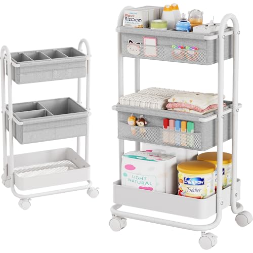 Modanais Baby Diaper Caddy Organizer Cart - 3 Tier Rolling Storage Cart with Wheels, Baby Essentials for Nursery Storage, Detachable Dividers - for Crib, Bedroom, Art & Craft Organizer (Light Gray) - color: Light Gray