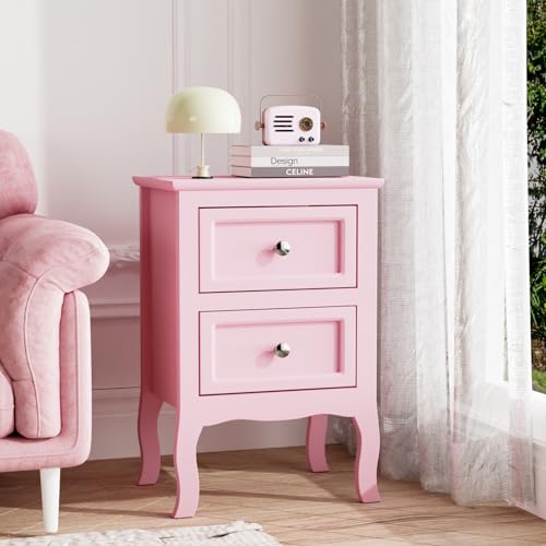 Bonnlo Nightstand with 2 Drawers, Night Stands for Bedrooms, Small Bed Side Table/White Night Stand with Drawers for Small Spaces, College Dorm, Kids’ Room, Living Room, French, 16W x 12D x 24H, Pink - color: Pink