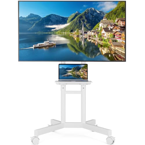 Rolling TV Stand for 23-75 Inch TVs with Laptop Shelf, Mobile TV Stand with Wheels for Flat Curved TVs, Height Adjustable TV cart up to 99lbs, Max VESA 400x400mm, Portable TV Stand, White - color: White, size: 23-75 Inch