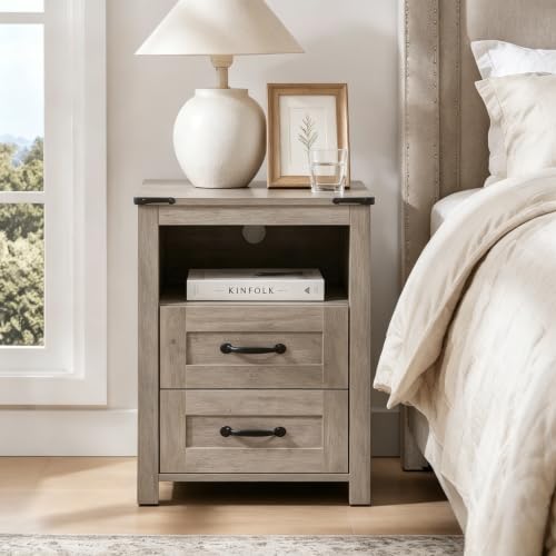Farmhouse Night Stand, Rustic Sierra Nightstand for Bedroom, End Tables with Charging Station, Bedside Table with Drawers, Wood Bedside Cabinet Dresser - color: Sierra, size: 1pcs with Charging