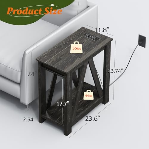 WLIVE Narrow Black End Table with Charging Station of Open Storage Shelf, Sofa Side Table with 2 USB Ports and 2 Power Outlets, Slim Farmhouse End Table for Small Spaces, 11.8" D x 23.6" W x 23.74" H - color: Charcoal Black