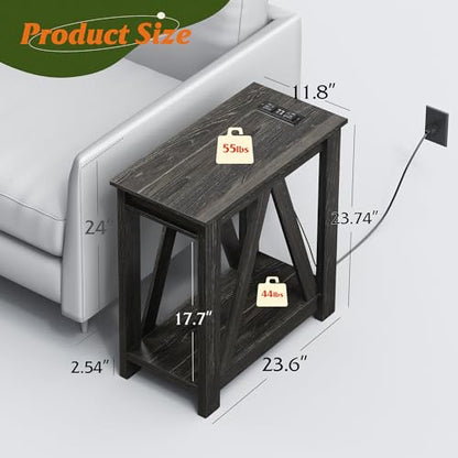 WLIVE Narrow Black End Table with Charging Station of Open Storage Shelf, Sofa Side Table with 2 USB Ports and 2 Power Outlets, Slim Farmhouse End Table for Small Spaces, 11.8" D x 23.6" W x 23.74" H - color: Charcoal Black