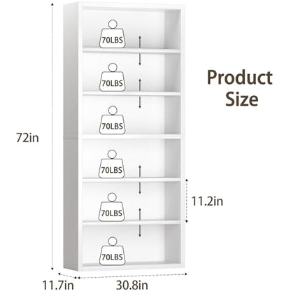 furtble 6 Tier Bookshelf with Open Storage Shelf, 72'' Tall Wooden Bookcase, Sturdy Modern Display Storage Shelf for Living Room, Home Office, Study, White - size: 6-Tier-30.7W