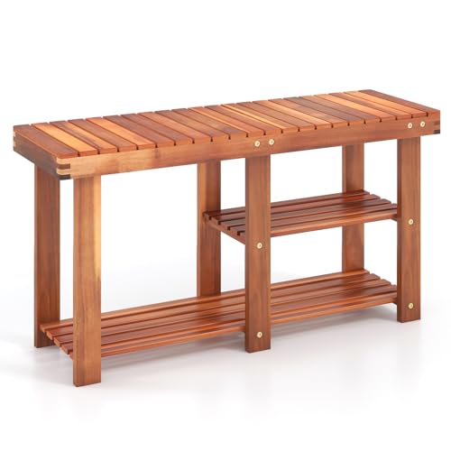 Tangkula 3-Tier Shoes Rack Bench, Entryway Storage Bench Shoes Organizer with Seat, Shoe Shelf for Boots, Acacia Wood Bench for Hallway, Bathroom, Living Room, Corridor Garden - size: 34-inch
