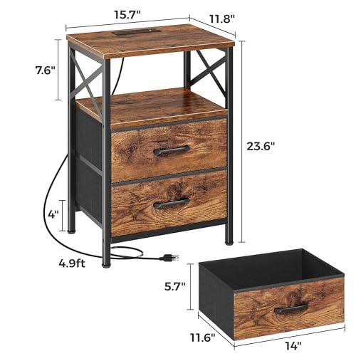 Huuger Nightstands Set of 2, Night Stand with Charger Station, 2 Drawer Side Table with Open Shelf, USB-C Port, End Table for Small Spaces, X Shaped Side Rail, Rustic Brown - color: Rustic Brown