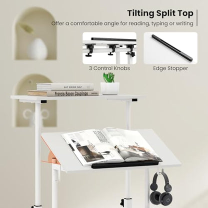Tangkula Mobile Standing Desk, Height-Adjustable Laptop Podium Cart with Tilting Tabletop & Adjustable Angle, Rolling Stand Up Computer Desk with 2 Hanging Hooks & Lockable Casters for Home Office - color: White