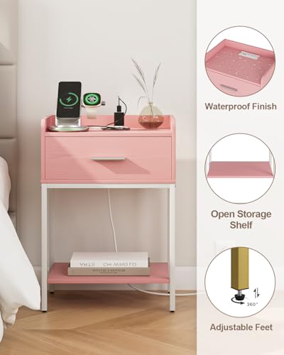 Nightstand with Charging Station,3-Tier Modern Bedside Table Night Stand with Storage Drawer and Open Shelf,Small End Side Table for Bedroom,Living Room,Pink - color: Pink With Charging Station