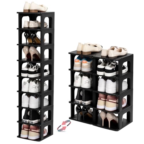 TRZZ 10-Tier Shoe Rack, Narrow Stackable Organizer, Black | Removable Partition, Vertical Efficient Shoe Storage, for Closet, Entryway, Small Spaces - color: Black, size: 10-Tier-9.5"L