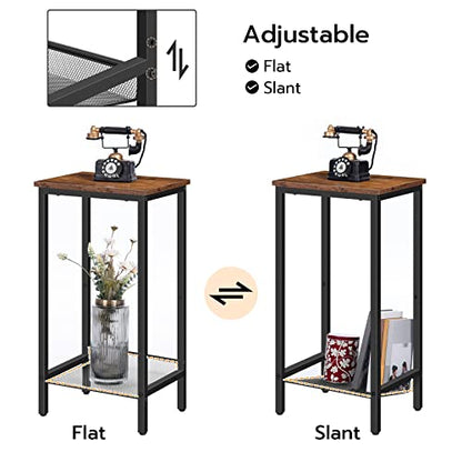 HOOBRO Tall Side Table, Industrial End Telephone Table with Adjustable Mesh Shelves, Small Tall Nightstand for Living Room, Bedroom, Entryway, Office, Rustic Brown and Black BF03DH01 - color: Rustic Brown + Black