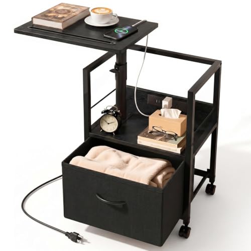 Faesun Swivel Lift Top Nightstand with Charging Station, Rolling Side Table for Recliner, Bedside Table with Wheels & a Fabric Drawer, for Small Spaces, for Bedroom, Living Room, Black - color: 03 - Black, size: 1 Drawer
