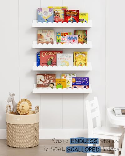 Harwaya Scalloped Nursery Floating Shelves for Wall Set of 4, White Kids Book Shelves Wall Mounted, Cloud Hanging Bookshelf for Baby Toddler Child Girls Boys Room Bathroom Bedroom Toys (Pine Wood) - color: White
