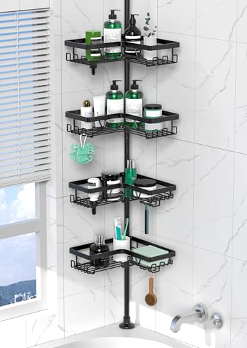 DAOYA Corner Shower Caddy Tension Pole 4 Tier Shower Caddy Organizer Black | Space Saver, 28 Hook, Soap Dish, Razor Holder, Rustproof, For Bathtub Bathroom, Floor to Ceiling 25-114 Inch, Simple Install - color: Dark Black