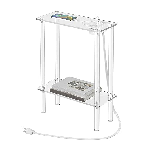 HMYHUM Acrylic Narrow Side Table with Charging Station, 7" Width, 2 Tier Small End Table for Small Spaces, Skinny Nightstand/Bedside Table with USB Ports & Outlet, Clear - size: 2-tier