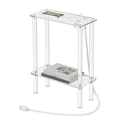 HMYHUM Acrylic Narrow Side Table with Charging Station, 7" Width, 2 Tier Small End Table for Small Spaces, Skinny Nightstand/Bedside Table with USB Ports & Outlet, Clear - size: 2-tier
