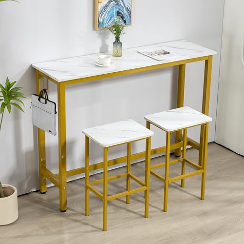 Finnhomy 52.7" Industrial Bar Table Set with 2 Stools - Counter Height Dining & Pub Table for Small Spaces, Kitchen, Apartment, Nook - Metal & Wood, Space-Saving Furniture - White Marble and Gold - color: White Marble + Gold, size: 52.7" Bar Table