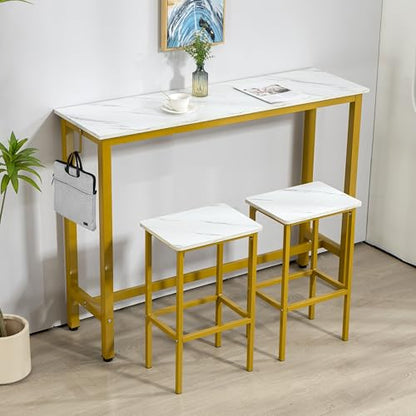 Finnhomy 52.7" Industrial Bar Table Set with 2 Stools - Counter Height Dining & Pub Table for Small Spaces, Kitchen, Apartment, Nook - Metal & Wood, Space-Saving Furniture - White Marble and Gold - color: White Marble + Gold, size: 52.7" Bar Table