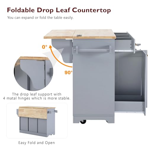 Kitchen Island with Trash Can Storage Cabinet and Power Outlet, Rolling Kitchen Cart on Wheels with Drop Leaf, Spice Rack, Towel Rack and Adjustable Shelf for Dining Room (60", Grey Blue) - color: Grey Blue
