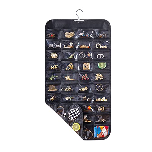 Bloss Hanging Jewelry Organizer for Closet, 80 Pockets | Earring Holder Organizer and storage, Jewelry Holder Storage for Women Gift, Wall Earring Holder for Girls, Black - color: Black