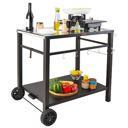 VEVOR Outdoor Grill Cart with Double-Shelf, BBQ Movable Food Prep Table with PVC Placemat, Black Iron Table Top, Portable Modular Carts for Pizza Oven, Worktable with 2 Wheels, Carry Handle - size: 21.7"D x 33.5"W x 32.9"H, style: Iron Table Top