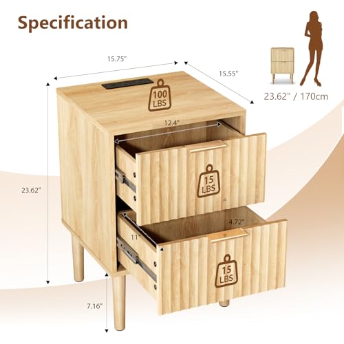 VINGLI Nightstand with Charging Station, Fluted Nightstand with Drawers, Wood Night Stand for Bedroom, Fluted Bedside Table/End Table/Side Table, Oak, 15.75" W*15.55" D*23.62" H - color: Oak, size: 15.7"W-2 Drawer
