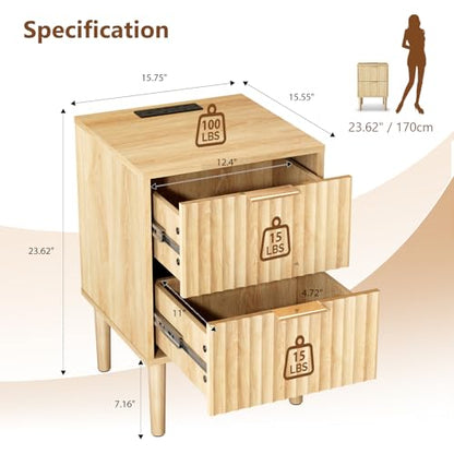 VINGLI Nightstand with Charging Station, Fluted Nightstand with Drawers, Wood Night Stand for Bedroom, Fluted Bedside Table/End Table/Side Table, Oak, 15.75" W*15.55" D*23.62" H - color: Oak, size: 15.7"W-2 Drawer