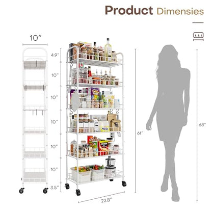 6 Tier Slim Rolling Storage Cart with Wheels, Metal Mobile Shelving Unit Organizer Utility Cart for Office Bathroom Kitchen Laundry Room Narrow Places (White 10 Inches) - size: White 10 Inches