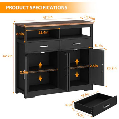 knoworld Buffet Sideboard with Storage Farmhouse with 4 Doors, 47'' Large Kitchen Storage Cabinet Wood Coffee Bar Cabinet Buffet Table with Shelves for Kitchen, Dining Room, Entryway, 47" W Black