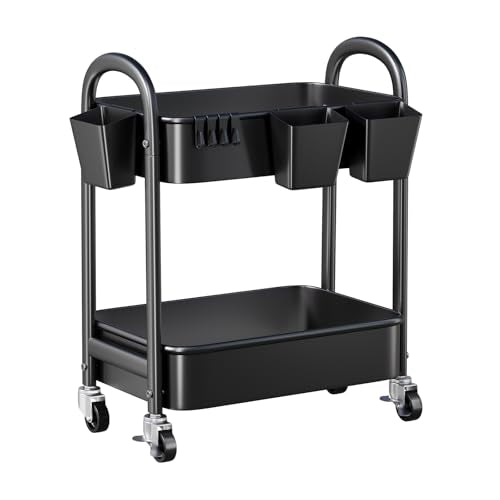 2 Tier Rolling Cart Metal on Wheels, Two Tiered Short Storage Side Table with Wheels, Heavy Duty Under Desk Mobile Trolley, Small Utility Organizer Carts for Craft, Art, Office, Kitchen, Black Basket - color: Matte Black, size: 2 tier