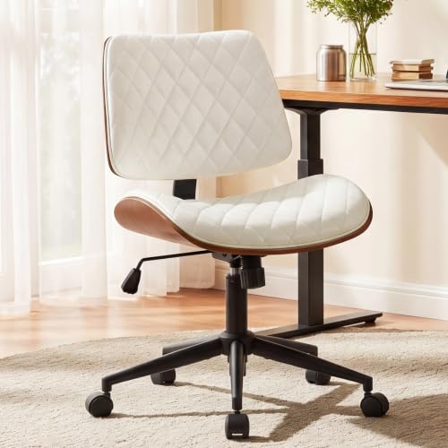 Furnimart Armless Small Desk Chair with Wheels, 360° Swivel Faux Leather Vanity Chair for Bedroom, Compact Home Office Task Chair for Small Spaces, Heavy-Duty Wood Frame(PU White) - color: Faux Leather-white
