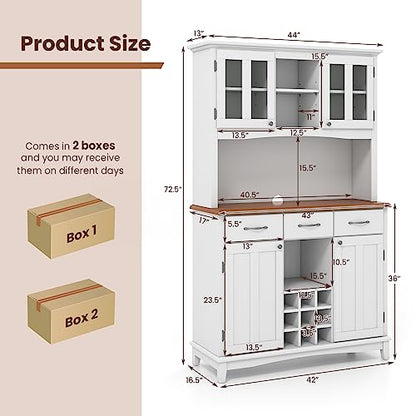 PETSITE Kitchen Pantry Storage Cabinet, Freestanding Microwave Cupboard with Tempered Glass Cabinet, Wine Rack, Adjustable Shelves, Buffet with Hutch for Living Room, Dining Room, White