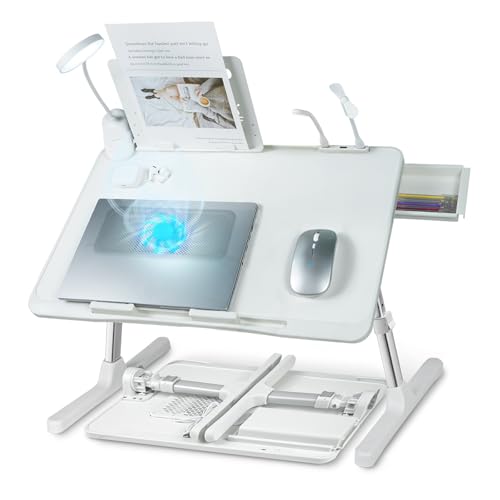 iXTRA Laptop Lap Desk with Cooling Fan - Adjustable with Light, USB, Storage Drawer - Folding Bed Desk,23.62"*15.74",White - color: White,60*40cm