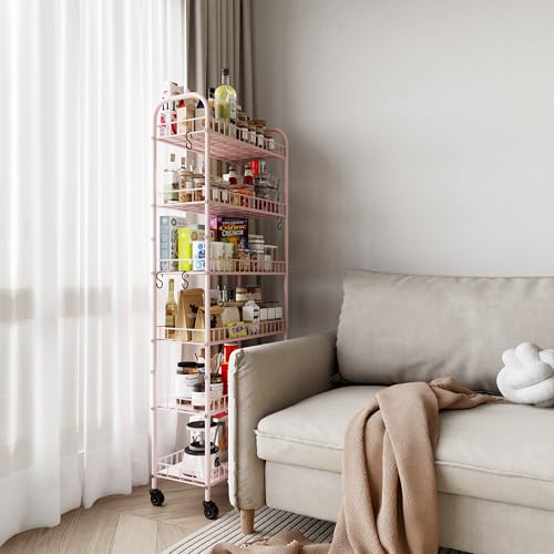 6 Tier Slim Rolling Storage Cart with Wheels, Metal Mobile Shelving Unit Organizer Utility Cart for Office Bathroom Kitchen Laundry Room Narrow Places (Pink 10 Inches) - size: Pink 10 Inches