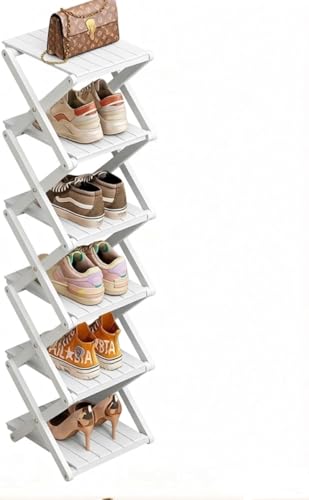 Bamboo Shoe Rack - No Assembly Required, Tall Narrow Foldable Shoe Organizer, Space-Saving Multifunctional Shelf for Entryways, Corners, Bedrooms, Balconies, 6 Layer White (Reinforced And Thickened ) - color: White, size: 6 Layers