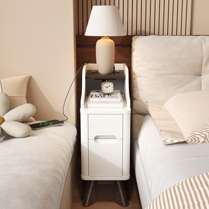 7.87"Narrow Side Table, Wood Small 2 Drawer Nightstand with Charger Station | Thin Couch Side End Table, Skinny Bedside Table Small Spaces, Mid Century Modern Night Stand with Drawers,White - color: White, size: Narrow (2 drawer)