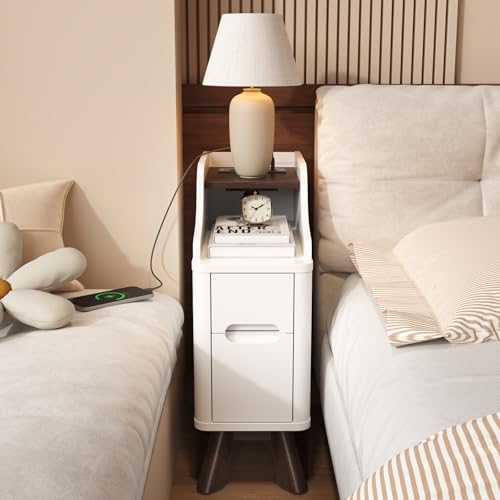 7.87"Narrow Side Table, Wood Small 2 Drawer Nightstand with Charger Station | Thin Couch Side End Table, Skinny Bedside Table Small Spaces, Mid Century Modern Night Stand with Drawers,White - color: White, size: Narrow (2 drawer)